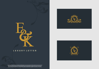 EK logo initial vector mark. Gold color elegant classical symmetric curves decor.