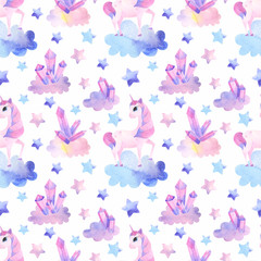 Fototapeta na wymiar Cute seamless pattern with unicorn and pink and blue clouds with stars. Isolated on white watercolor rainbow and clouds for textile, fabric 