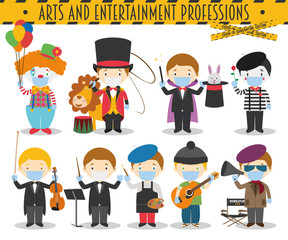 Covid 19 Health Emergency Special Edition: Vector Set of Arts and Entertainment Professions with surgical masks and latex gloves in cartoon style