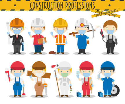 Covid 19 Health Emergency Special Edition: Vector Set of Construction Professions with surgical masks and latex gloves in cartoon style