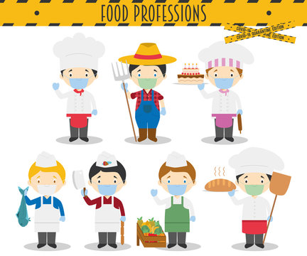 Covid 19 Health Emergency Special Edition: Vector Set Of Food Industry Professions With Surgical Masks And Latex Gloves In Cartoon Style