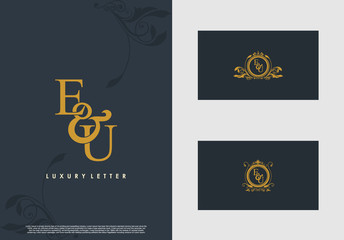 EU logo initial vector mark. Gold color elegant classical symmetric curves decor.