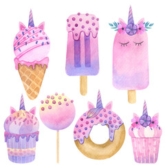 Watercolor hand painted unicorn sweet cupcake, donuts, cakes, ice cream. Rainbow sweets and desserts. Bakery delicious dessert isolated objects perfect for scrap booking.