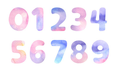 Set of hand painted watercolor numbers from one to nine and zero isolated on white background in pink, violet, blue colors. Collection of cute  symbols perfect for print birthday invitation