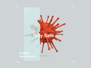 Fototapeta na wymiar 3D Composition of Glass and Plastic Virus in a Modern Design Style. COVID-19 Pandemic Stay Safe Banner. Abstract Illustration Design Posters. Vector Eps 10