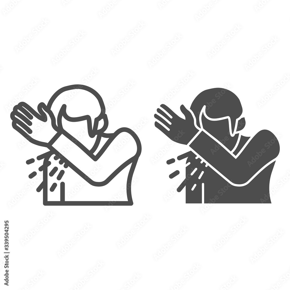 Poster coughs rules line and solid icon. man sneezes or coughs with his hand outline style pictogram on whi