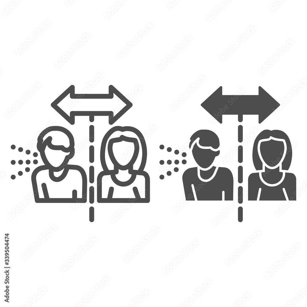 Poster isolation cautions line and solid icon. avoid contact with covid-19 sick outline style pictogram on 