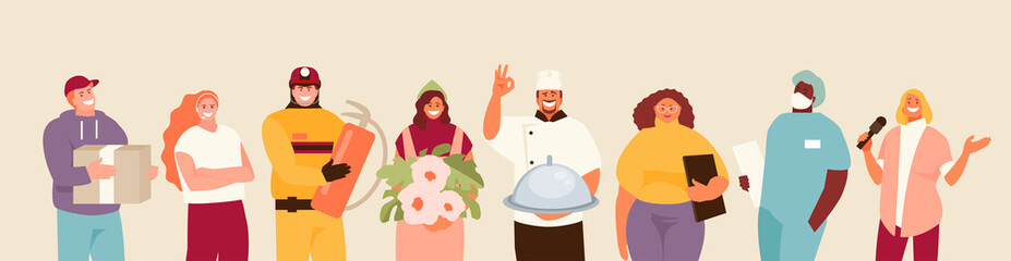 People group of different occupations. Courier, call center specialist, firefighter, florist, cook, teacher, doctor and journalist Vector characters