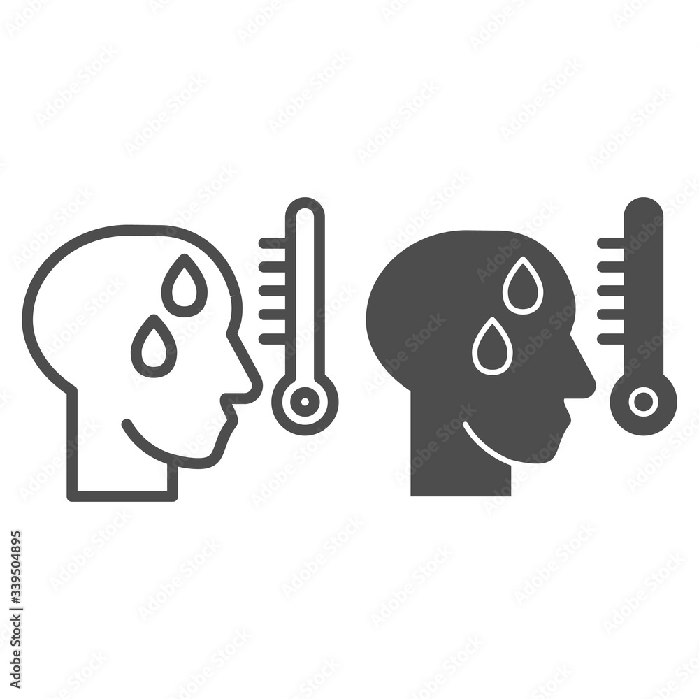 Poster human with fever line and solid icon. man head with high temperature on thermometer outline style pi