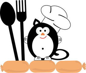 Fototapeta premium Fat black cat chief cooker with cutlery and sausages