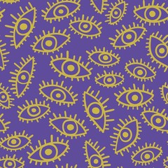 yellow doodle eyes on violet. funny chaotic seamless pattern. bright background