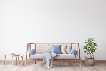 Fototapeta na wymiar Stylish Modern wooden living room in white background, Scandinavian style, Rattan home decor, 3D render, 3D illustration