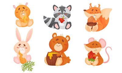 Obraz premium Animals Sitting and Eating Fruit and Vegetables Vector Set.