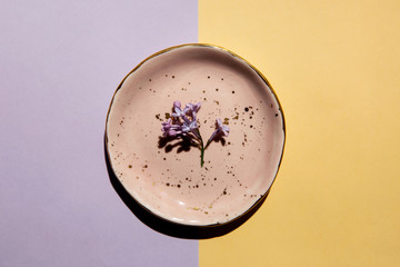 Creative layout made with lilac flowers on violet and beige background and pink hand made plate. Nature love background. Spring flowers concept. Natural sun light lighting and sharp shadows. 