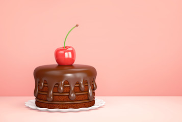 Chocolate cake with cherry on pink background