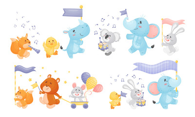 Animals Holding Flags and Playing Trumpet and Drum Vector Set
