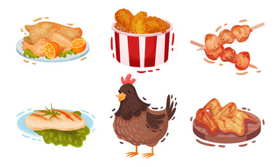 Chicken Food and Snacks with Fried Wings and Roast Chicken Vector Set
