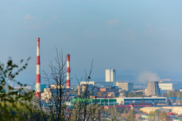 Obraz premium View of industrial enterprises located in the city of Miass, Chelyabinsk region, in the southern Urals.