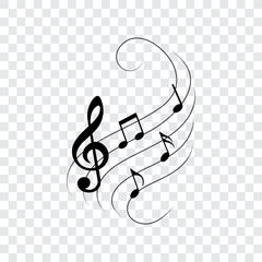 Music notes on wavy lines with swirls, vector illustration.