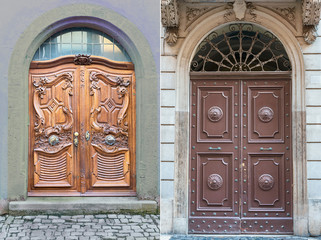 Obraz premium two wooden door with beautiful decorative wooden trim in the historic part of Lisbon