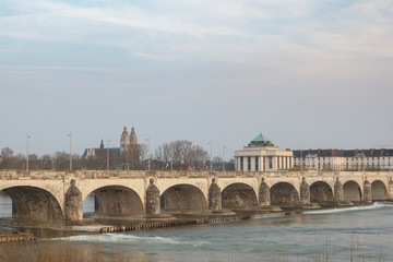 Fototapeta premium Looking across the river Loire towards the city of Tours. Pont Wilson helps take us across the flowing waters.