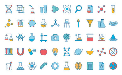 Science line and fill style icon set vector design