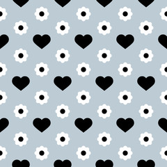 Vector Seamless Pattern. Black hearts and white flowers on a light grey background. Modern illustration great for festive background, design greeting cards, textiles, packing, wallpaper, etc.