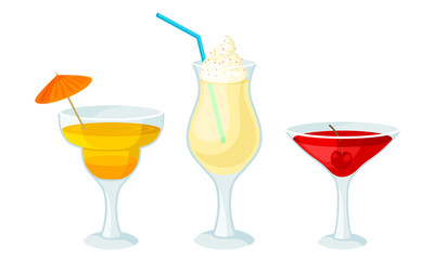 Cool Cocktails Poured in Drinking Glass with Umbrella and Straw Vector Set