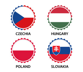 Set of four Czech, Hungarian, Polish and Slovak stickers. Made in Czech Republic, Made in Hungary, Made in Poland and Made in Slovakia. Simple icons with flags isolated on a white background