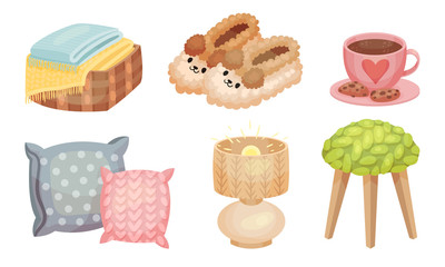 Warm and Cozy Home Things Like Hot Tea with Cookies and Soft Pillows Vector Set