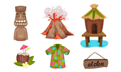 Hawaiian Beach Attributes and Tropical Symbols with Cocktail and Hut Vector Set