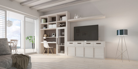 white wood Living room with small office desk integrated 