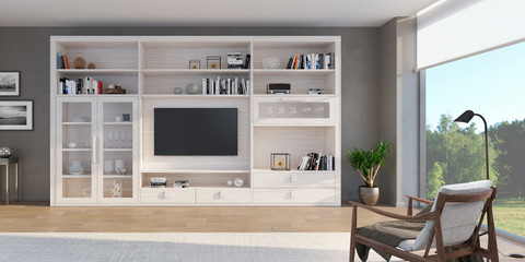 Living room  with white wood furniture & rug