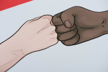 picture with drawn multiethnic hands doing fist bump on red background