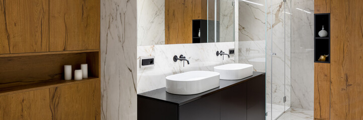 Bathroom in wood and marble, panorama