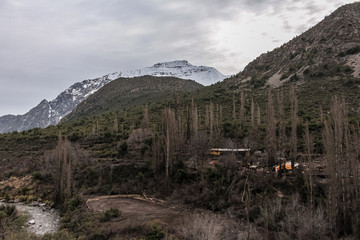 Mountain landscape during winter in Lo Valdés Valley, Cajón del Maipo, Central Andes of Chile.