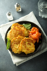 Homemade potato latkes with smoked salmon