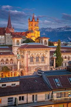 City of Lausanne. Cityscape image of downtown Lausanne, Switzerland during twilight blue hour.