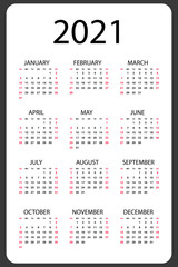 Calendar 2021 yearly. Week starts on Sunday. Vector illustration.