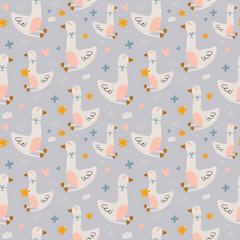 Cute kids scandinavian characters seamless pattern with trendy quotes and cool animal hand drawn elements. Cartoon doodle  illustration for baby shower, nursery room decor, children design. Vector.