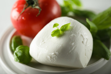 Fresh Caprese salad ingredients on a white plate