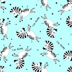 Seamless pattern cartoon little cute baby zebra flying and smiles. Template design for fabric, envelope, for kids, holiday decor.
