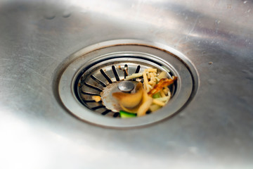 the leftovers of food left inside the kitchen sink are about to clog the drain. Food waste.
