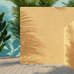 Bright yellow and turquoise painted walls with green tropical leaves, sunlight with shadows. Summer, spring background. 3d rendering.