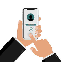 Fingerprint login. Smartphone unlocked by fingerprint sensor. Personal access via finger, authorization, network protection. Vector illustration