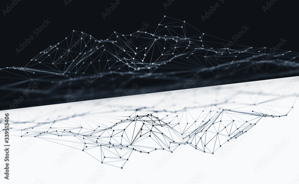 Poster black-white interior poster. polygonal network and high tech 3d illustration. border of two worlds a