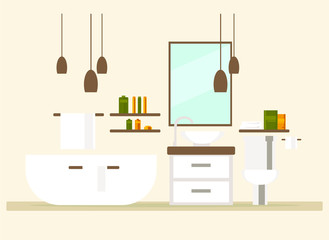 bathroom interior with bath, toilet, washbasin, mirror, shelves, towels. flat vector illustration