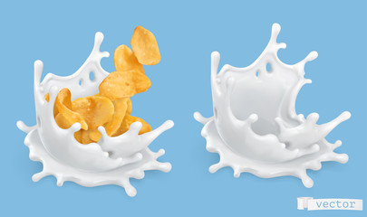 Milk splash and corn flakes. 3d realistic vector objects, food illustration