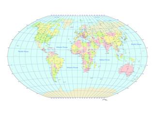 世界地図 モルワイデ図法 アメリカ中心 国ごとにバラバラになります World Map Mollwide Cylindrical Projection The America Center Wall Mural 正明 五十嵐