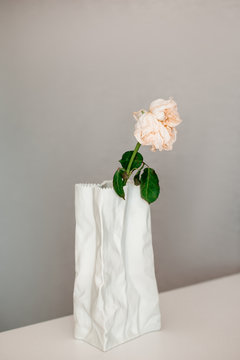 Dried rose in a white crumpled vase on a grey background. Coronavirus and covid-19